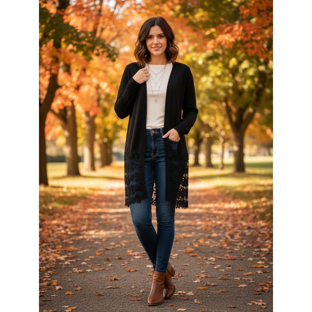 Kate & Mallory Black Crochet Open Front Cardigan Sweater L